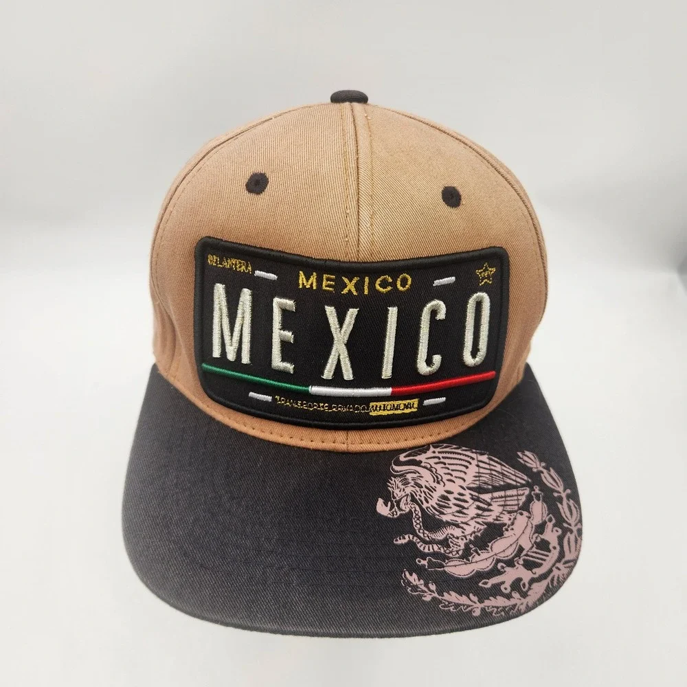 Top Level Mexico Snapback Hat Tan Black‎ Flat Brim Eagle Graphic One Size Mens